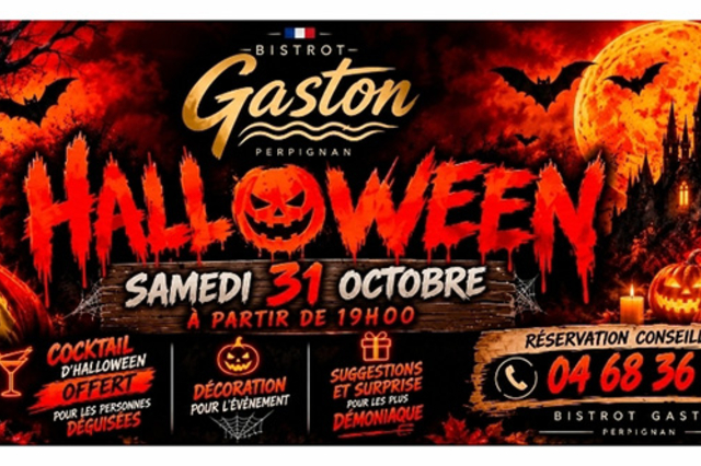 Bistrot Gaston Perpignan : affiche de la soirée Halloween du 31 octobre 2026 dès 19 h, avec cocktail offert aux personnes déguisées et animations.