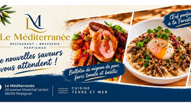 Le Méditerranée Perpignan : visuel de la nouvelle carte avec ballotin de porc farci tomate et basilic, œuf parfait à la forestière et tataki de magret de canard.