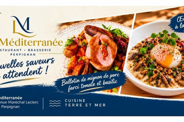 Le Méditerranée Perpignan : visuel de la nouvelle carte avec ballotin de porc farci tomate et basilic, œuf parfait à la forestière et tataki de magret de canard.