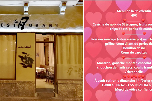 Le restaurant le 17 Perpignan propose un Menu Saint Valentin à emporter