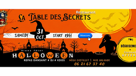 La Table des Secrets Perpignan : affiche de la soirée Halloween du 31 octobre 2026 au Méga Castillet, avec repas dansant, DJ et cocktail offert aux personnes déguisées.