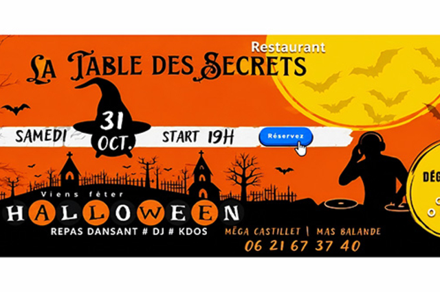 La Table des Secrets Perpignan : affiche de la soirée Halloween du 31 octobre 2026 au Méga Castillet, avec repas dansant, DJ et cocktail offert aux personnes déguisées.