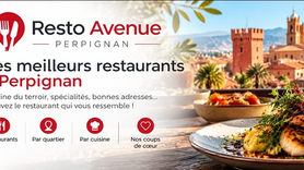 Resto-Avenue Perpignan : visuel des meilleurs restaurants à Perpignan avec plat gastronomique, terrasse et panorama sur la ville.