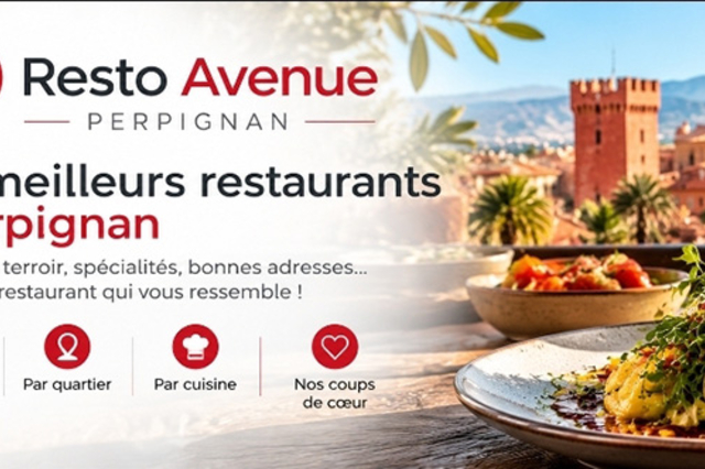 Resto-Avenue Perpignan : visuel des meilleurs restaurants à Perpignan avec plat gastronomique, terrasse et panorama sur la ville.