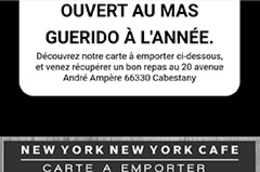 Carte de plats à emporter du restaurant américain NY NY Café au Mas Guérido